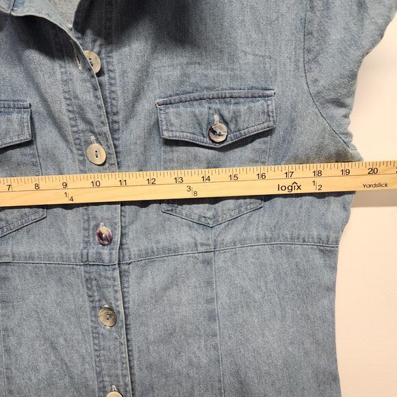 Vintage Robbie Bee Denim Midi Dress Size 12 Short Sleeve Blue Button Up Collared - Picture 10 of 13